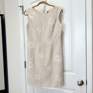 Tahari Cream Linen Blend Dress with pearl Embroidery, Size 6